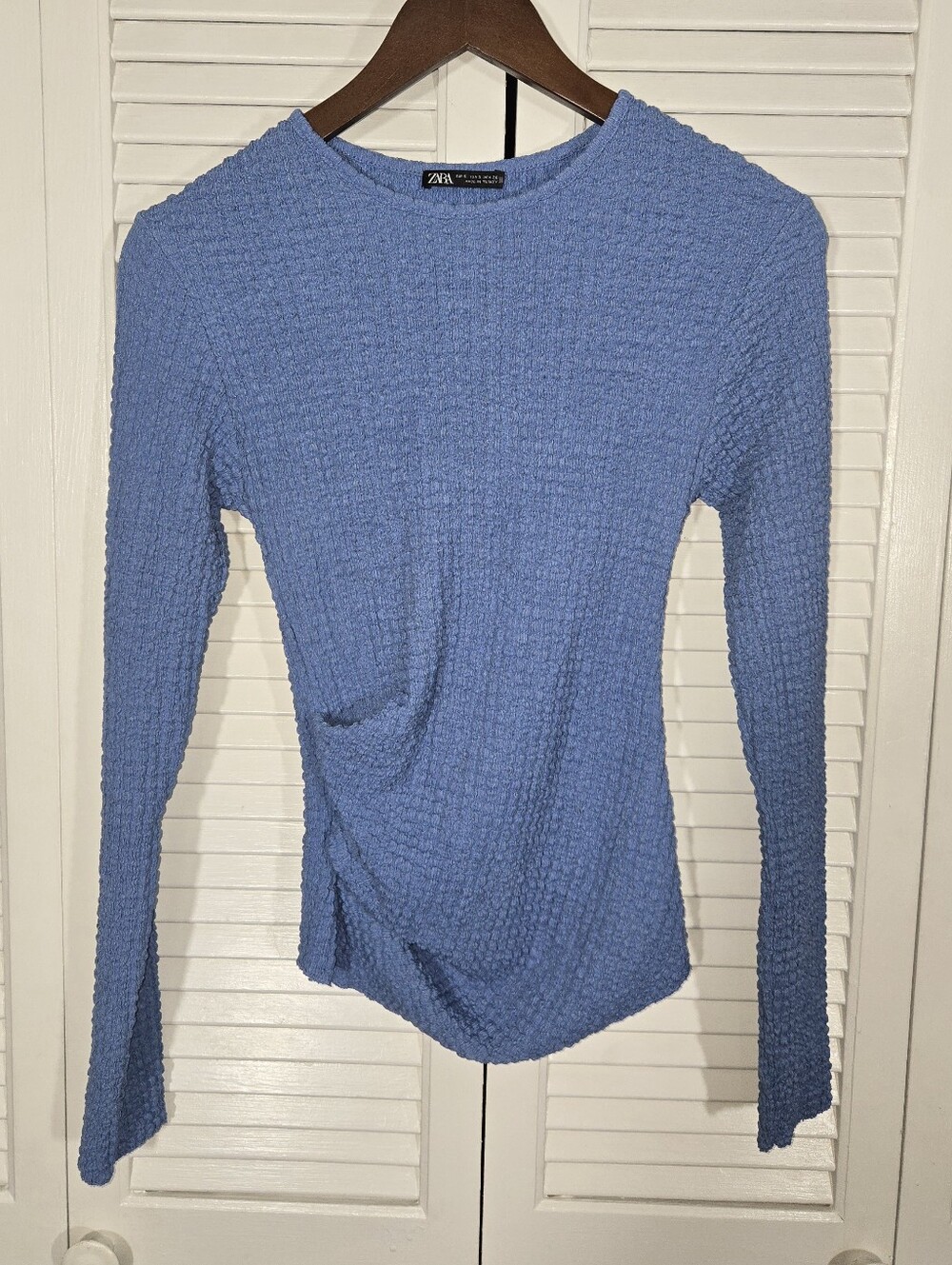 Zara Blue Seersucker Textured Pleated Long Sleeve Ruched Side Knit Top Sz S